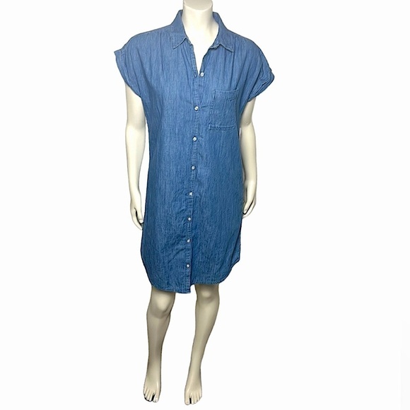 Old Navy Chambray Cuffed Cap-Sleeve Shirt Dress Medium Wash Blue Sz Small Petite - Picture 3 of 14